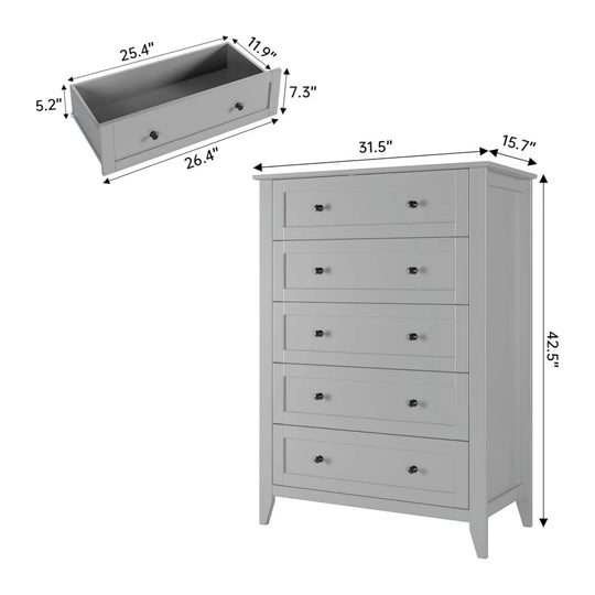 Modern Bedroom Nightstand with 5 Drawers & Metal Handles - Multifunctional Storage Cabinet,Easy Assembly for Living Room