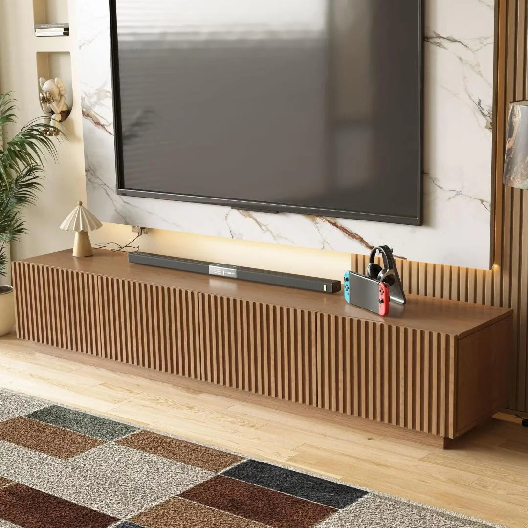 86.6" Modern Walnut TV Stand with Grille Doors & Storage for 90" Tvs - 86.6"Wx15.9"Dx17.5"H