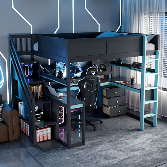 Full Size Wooden Gaming Loft Bed with Storage Stairs, Desk, Shelves and Pegboard
