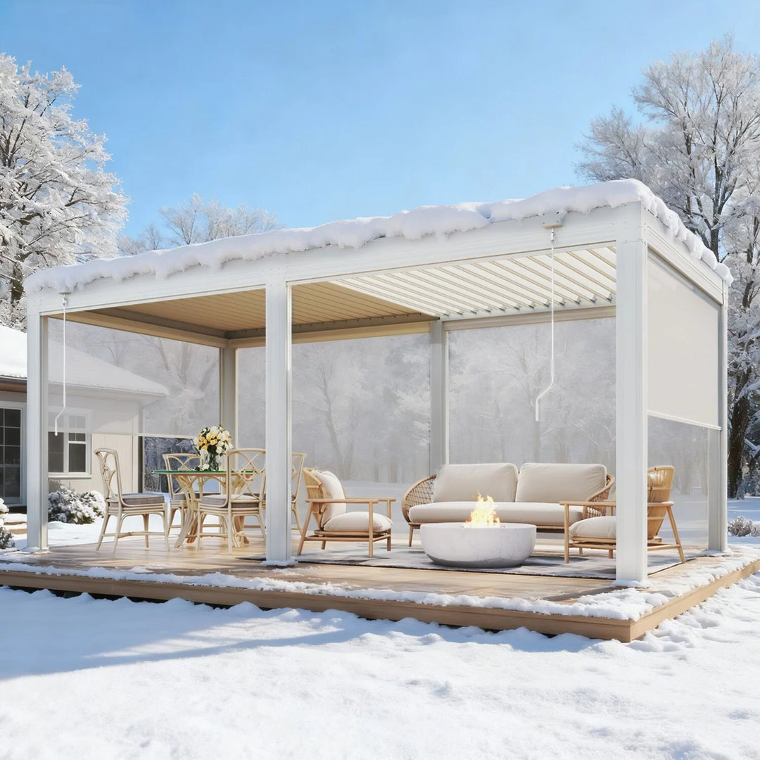 Outdoor Louvered Pergola Gazebo with Adjustable Aluminum Rainproof Roof and Pull-Down Screen