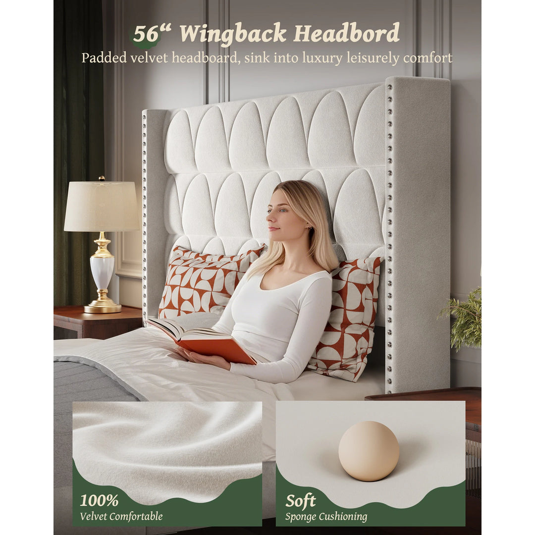 Hansabenne Solid Wood Bed Frame Queen and King Platform Bed Frame with Headboard White and Gray