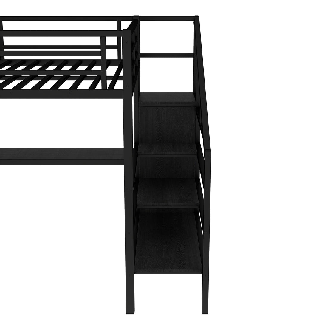 Queen Size Esports Gaming & Work Loft Bed with L-Shaped Desk, USB, LED, Wardrobe and Adjustable Shelf, Versatile Metal Bed Frame