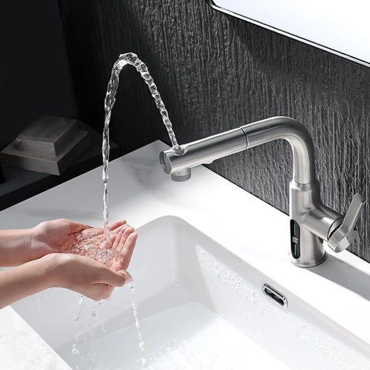 Single Hole Liftable Bathroom Faucet with Temperature Display in Fahrenheit, 3 Water Modes, BF2501