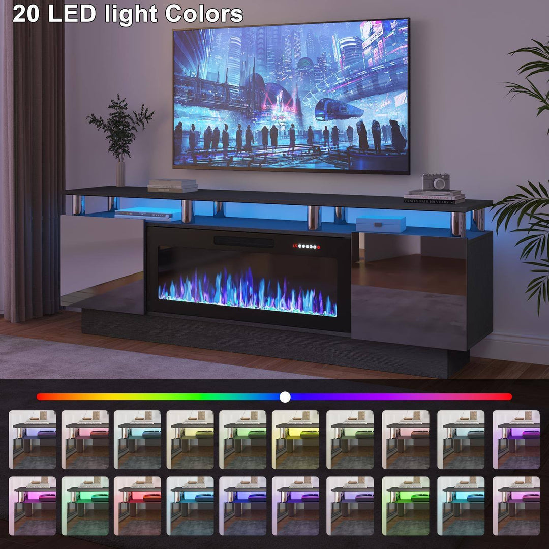 70" Modern Electric Fireplace TV Stand, with Electronic Flame and LED Lights, High Gloss Finish Entertainment Center