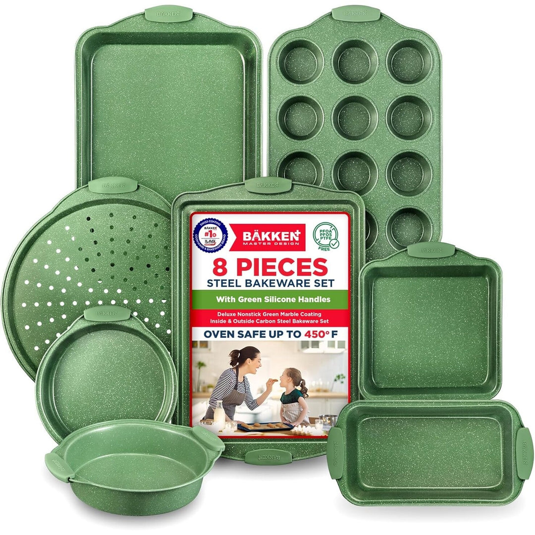 BAKKEN Kitchen Baking Pan Set - Nonstick Green Marble Coating, Carbon Steel Bakeware Sets with Green Silicone Handles,