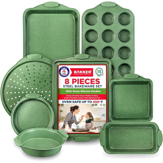BAKKEN Kitchen Baking Pan Set - Nonstick Green Marble Coating, Carbon Steel Bakeware Sets with Green Silicone Handles,