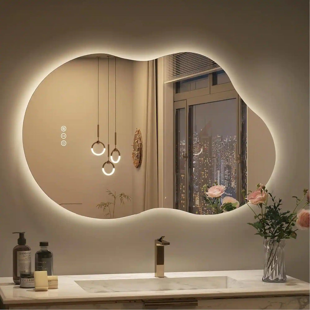 Frameless Irregular LED Anti-Fog Bathroom Vanity Mirror, Asymmetrical Backlit Wall Mirror