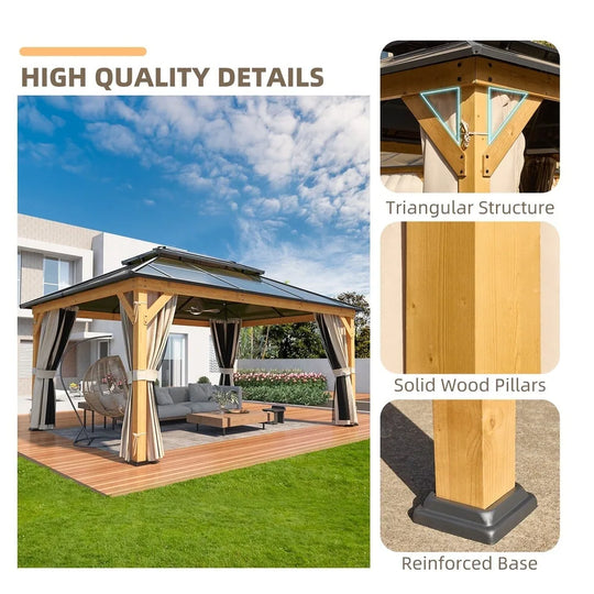Hardtop Wood Gazebo with Double Roof – Free Dust Cover with 12X16 or 12X20 Model – Waterproof Outdoor Gazebo