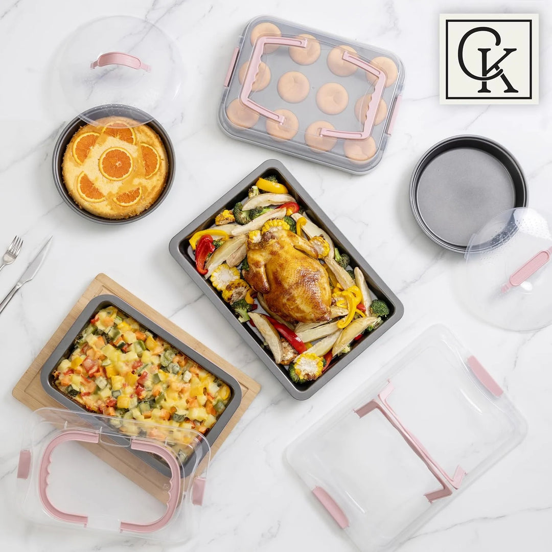 Baking Pans Set 10 Piece Non-Stick Cake Pans with Carry Lids for Storage & Travel, Perfect for Parties Stackable