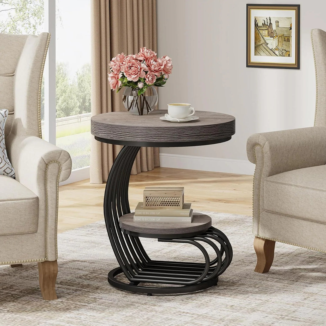 2 Tiers round End Table with Shelf Storage, Arc-Shaped Side Sofa Table