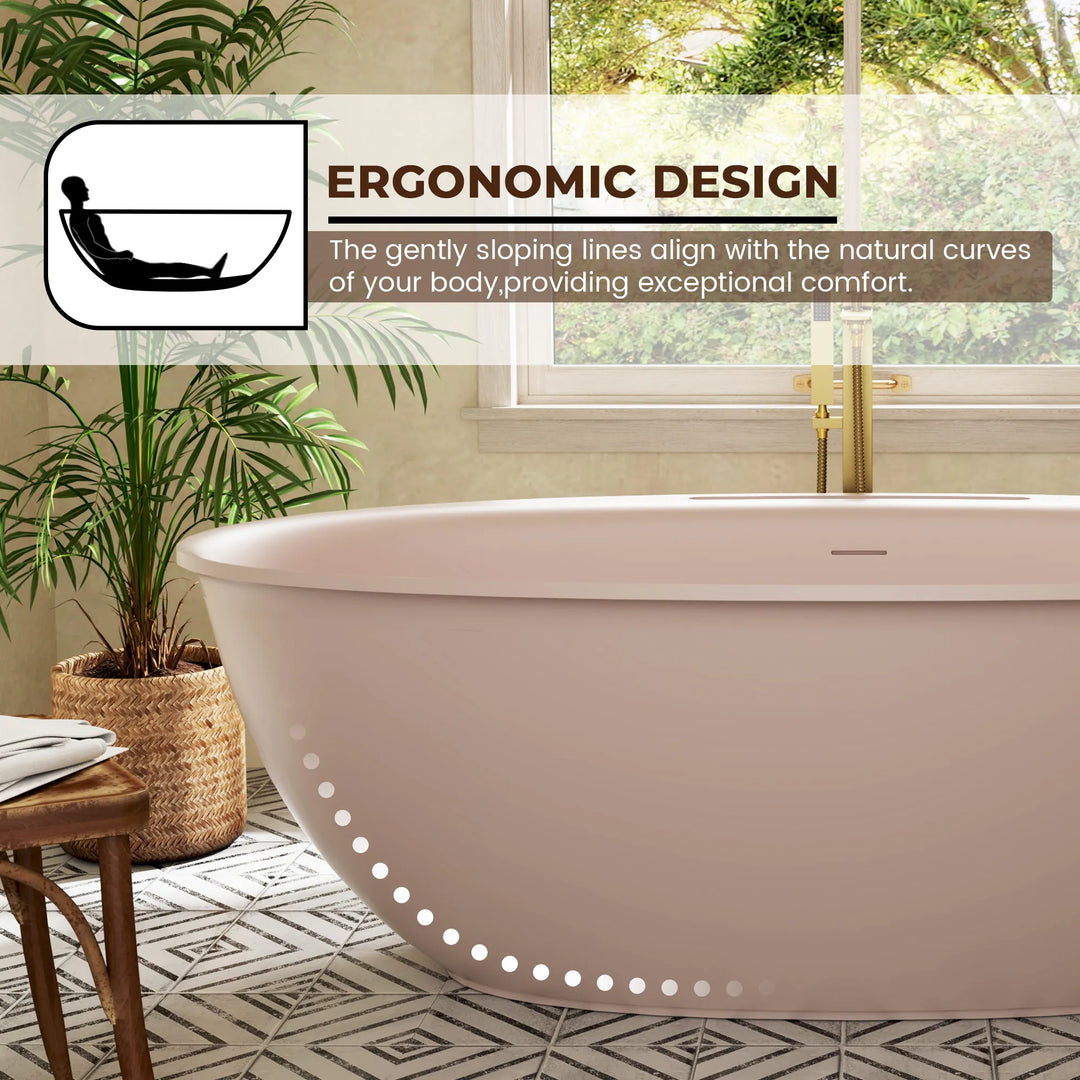 Luxury Flatbottom Solid Surface Freestanding Soaking Bathtub with Discreet Towel Slot and Drain Assembly