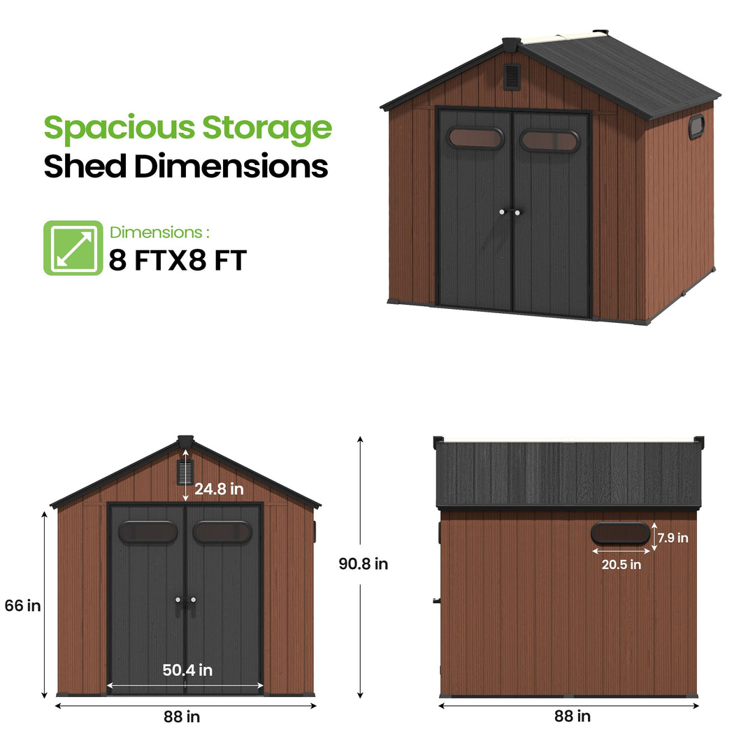8X8/8X10/8X12 FT All-Weather Outdoor Resin Lockable Storage Shed with Windows Floor for Patio Furniture and Tools