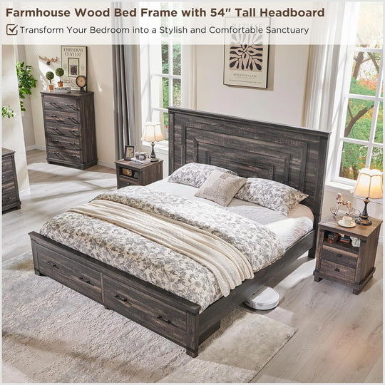 Farmhouse Wood Bed Frame with 54" Tall Headboard, 2 Large Drawers