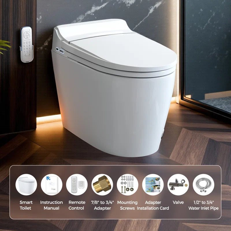 Smart Toilet with Tankless Bidet Wash, Auto Open Lid, 1.28 Gallons Auto Dual Flush, Heat Seat, Warm Wash/Dryer, Soft Closing, Remote Control