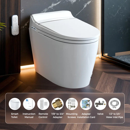 Smart Toilet with Tankless Bidet Wash, Auto Open Lid, 1.28 Gallons Auto Dual Flush, Heat Seat, Warm Wash/Dryer, Soft Closing, Remote Control