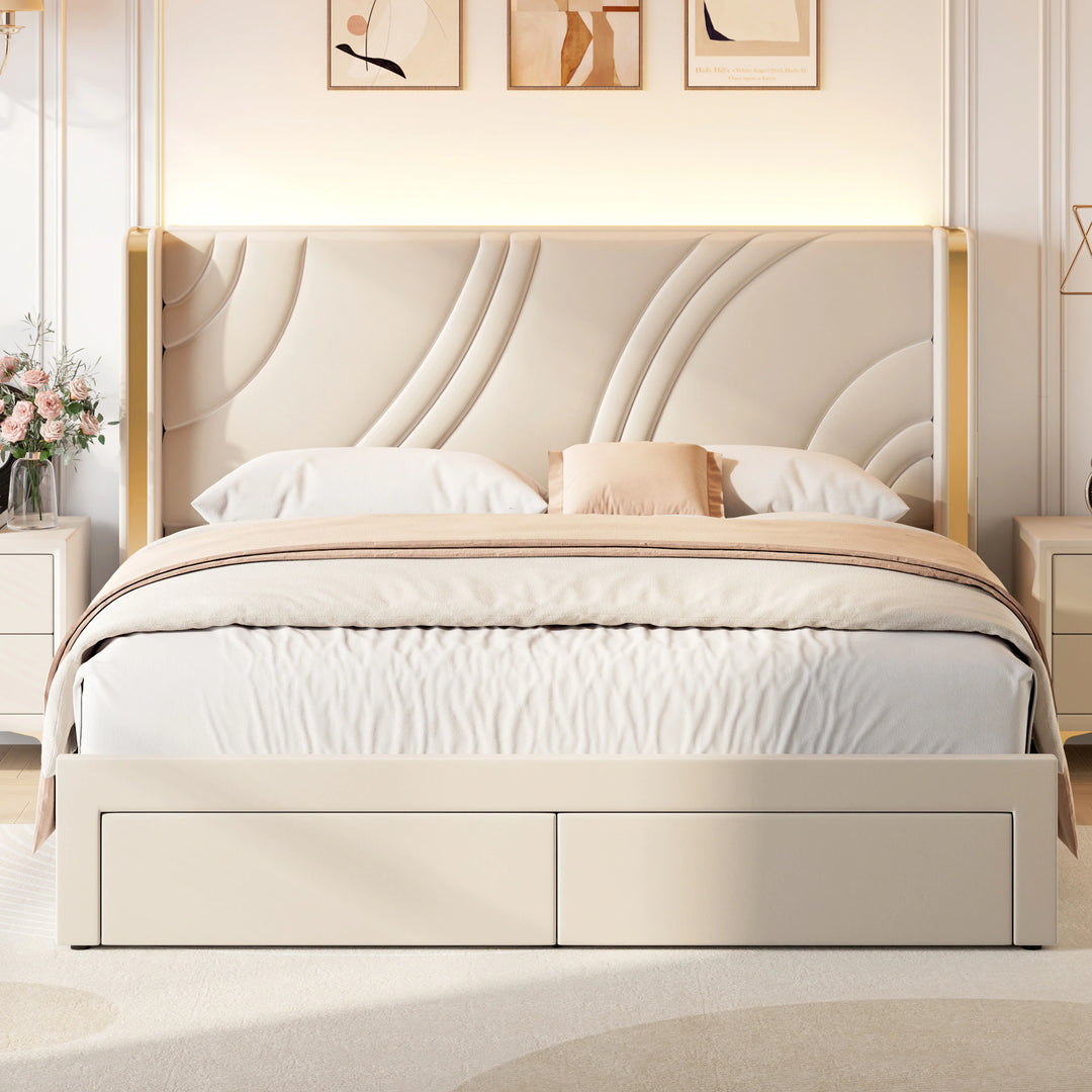 Velvet Upholstered Platform Bed with Smart Ambient Strip Lights Wingback Headboard and Endbed Pull-Out Storage Drawers