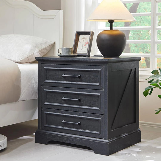 Farmhouse 3-Drawer Nightstand, Wide End Table with Charging Station