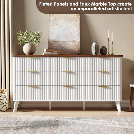 Fluted 9-Drawer Dresser, 60.6" Wide Modern Wooden Chest with Curved Design, Dresser TV Stand for Living Room, Walnut