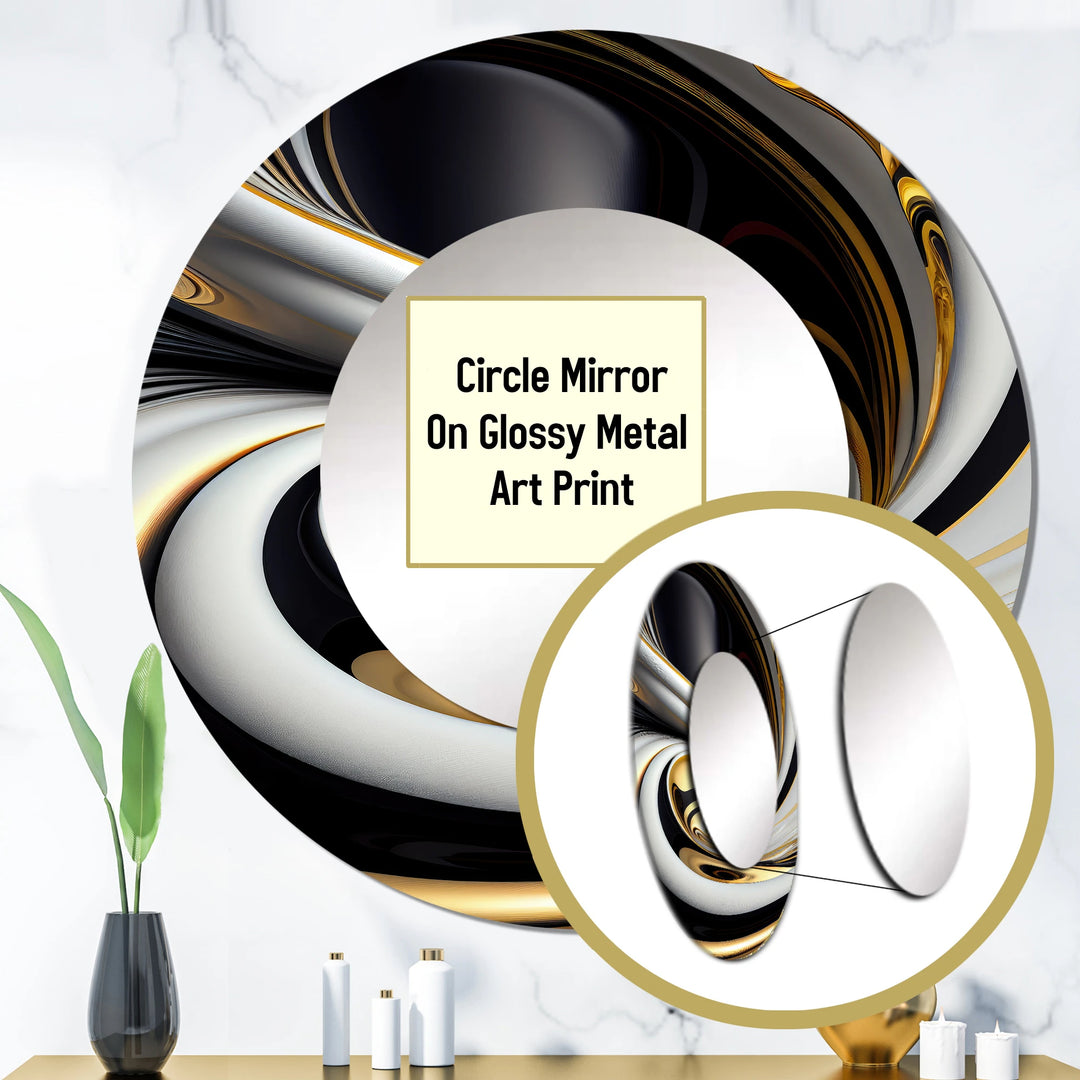 Designart "Gold Black and White Stained Glass I" Abstract Wall Mounted round Large Mirror - Modern Mirror Wall Décor