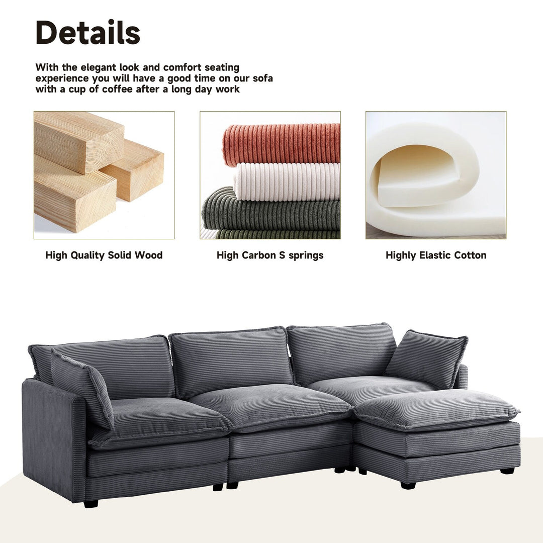 Corduroy Sectional Sofa with Removable Ottomans & Ultra-Soft Cushions for Living Room & Bedroom