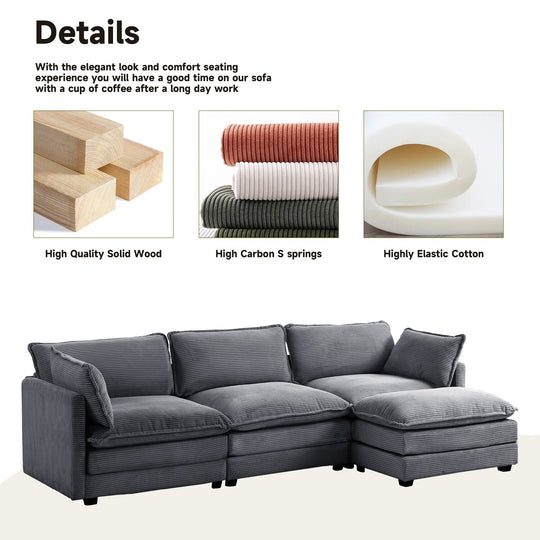 Corduroy Sectional Sofa with Removable Ottomans & Ultra-Soft Cushions for Living Room & Bedroom