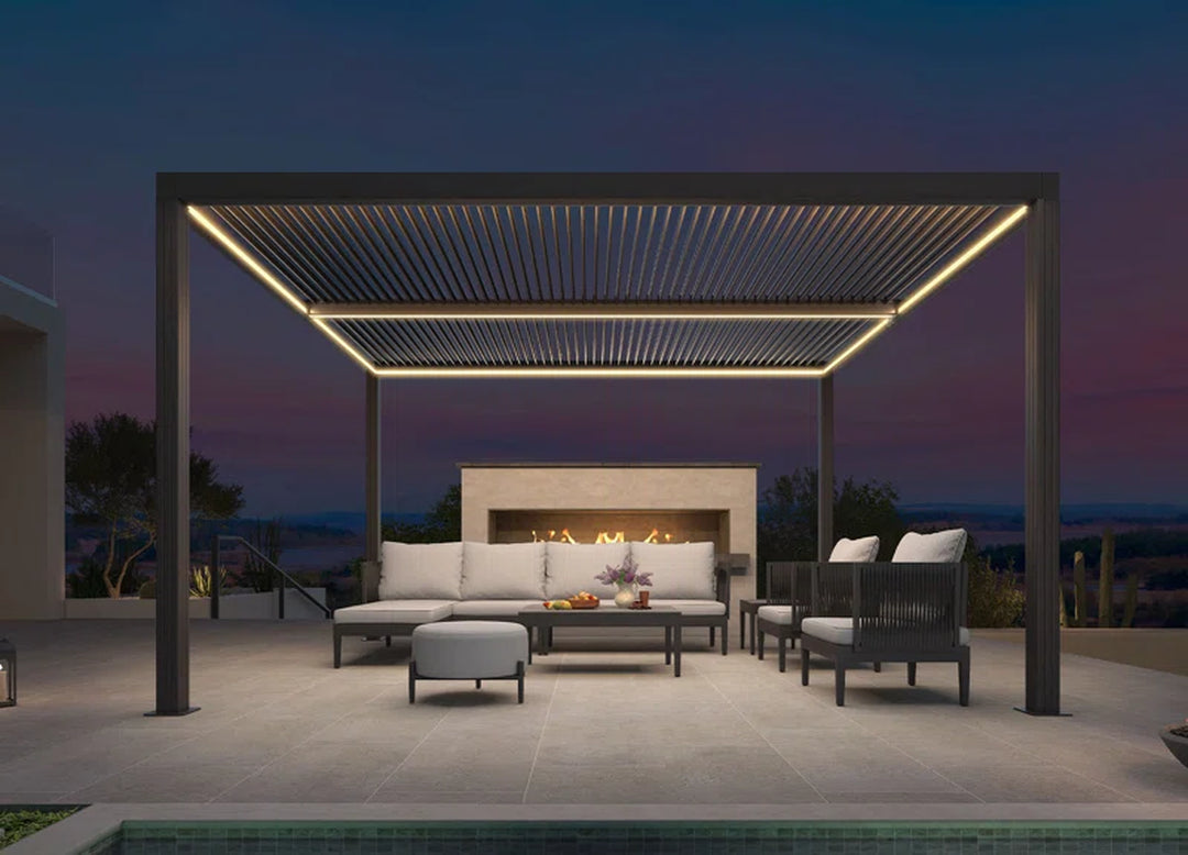 Led Louvered Pergola Full Aluminum Frame and Adjustable Roof Integrated Strip Lights for Outdoor Patio Gray Hardtop Gazebo Pergola