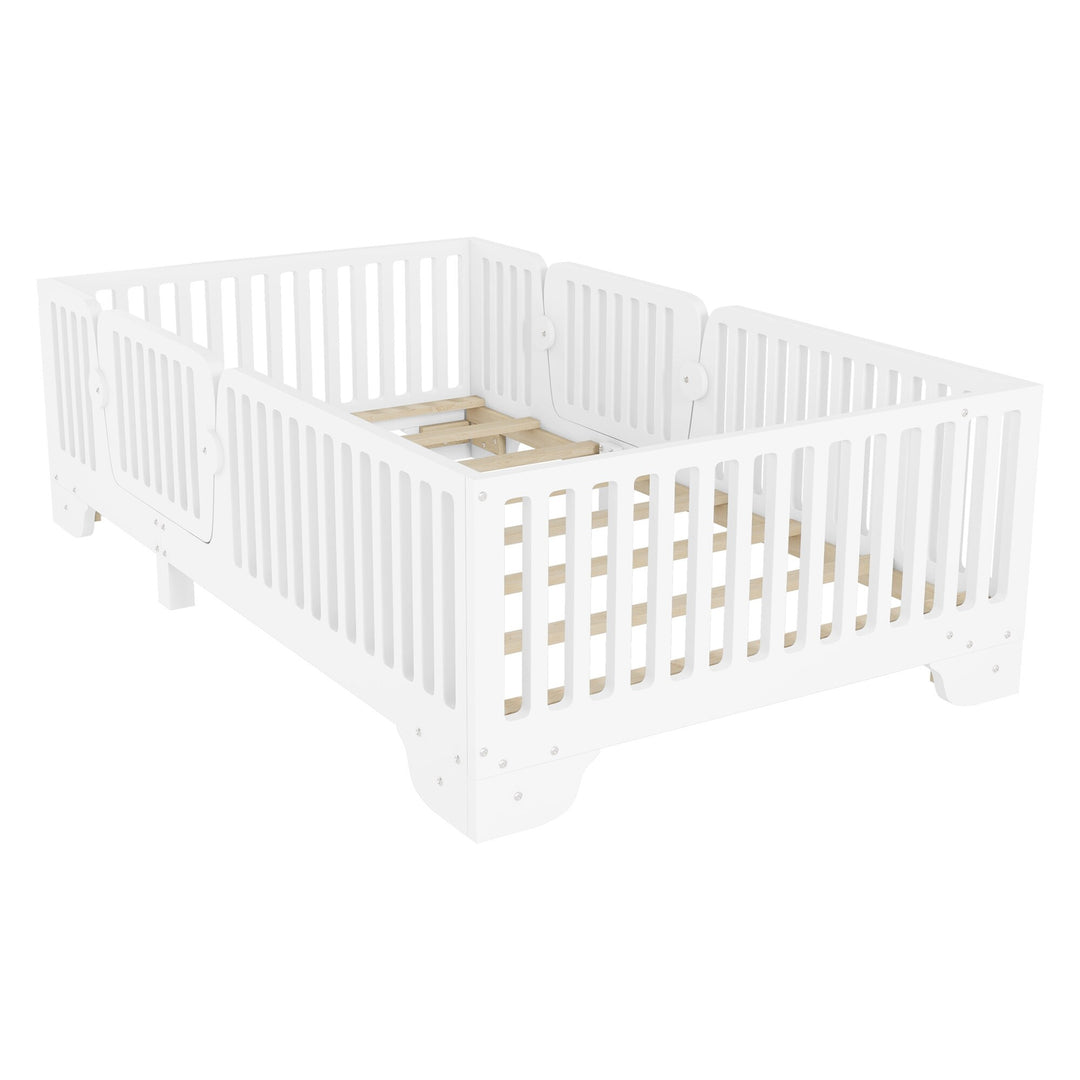 Full Size Montessori Floor Bed Frame with Safety Rails and Removable Door, Low Profile Kids Bed with Slatted Support