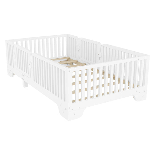 Full Size Montessori Floor Bed Frame with Safety Rails and Removable Door, Low Profile Kids Bed with Slatted Support