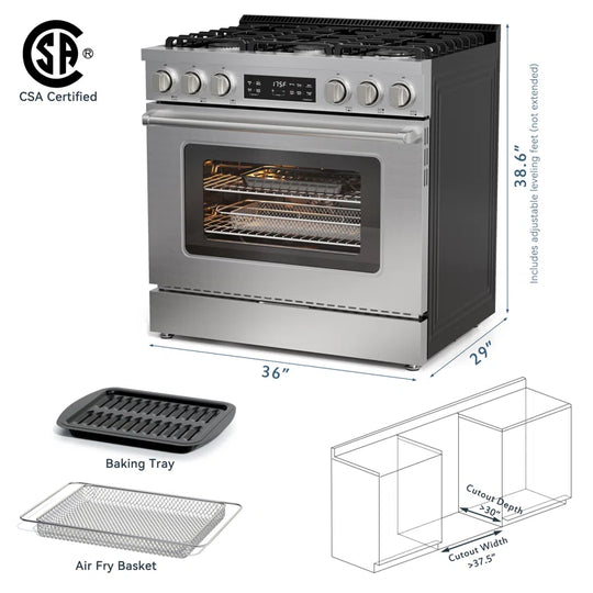 36-Inch Slide-In Gas Range with Air Fry, Convection Bake, Broil & Keep Warm Modes, 2 Oven Racks, Air Fry Tray, Anti-Tip Bracket, Steam Clean, LP Convertible, 6 Burner with Dual Ring 22K BTU