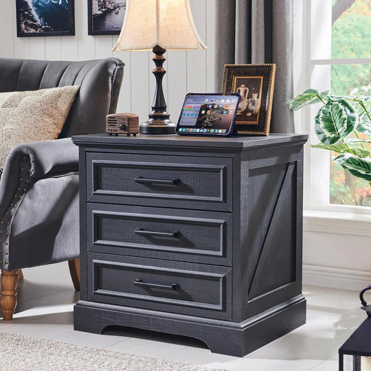 Farmhouse 3-Drawer Nightstand, Wide End Table with Charging Station