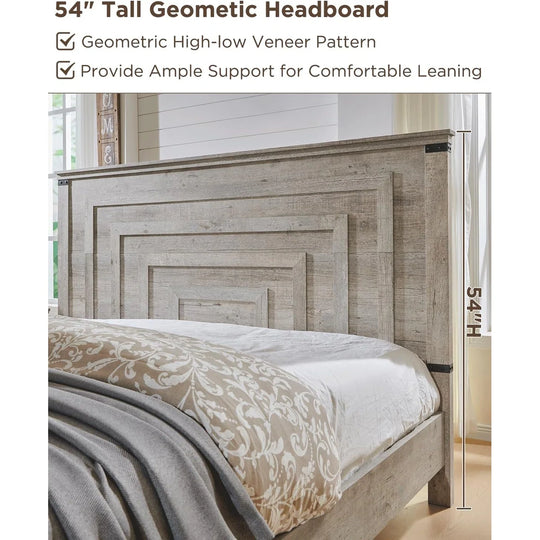 Farmhouse Wood Bed Frame with 54" Tall Headboard, 2 Large Drawers