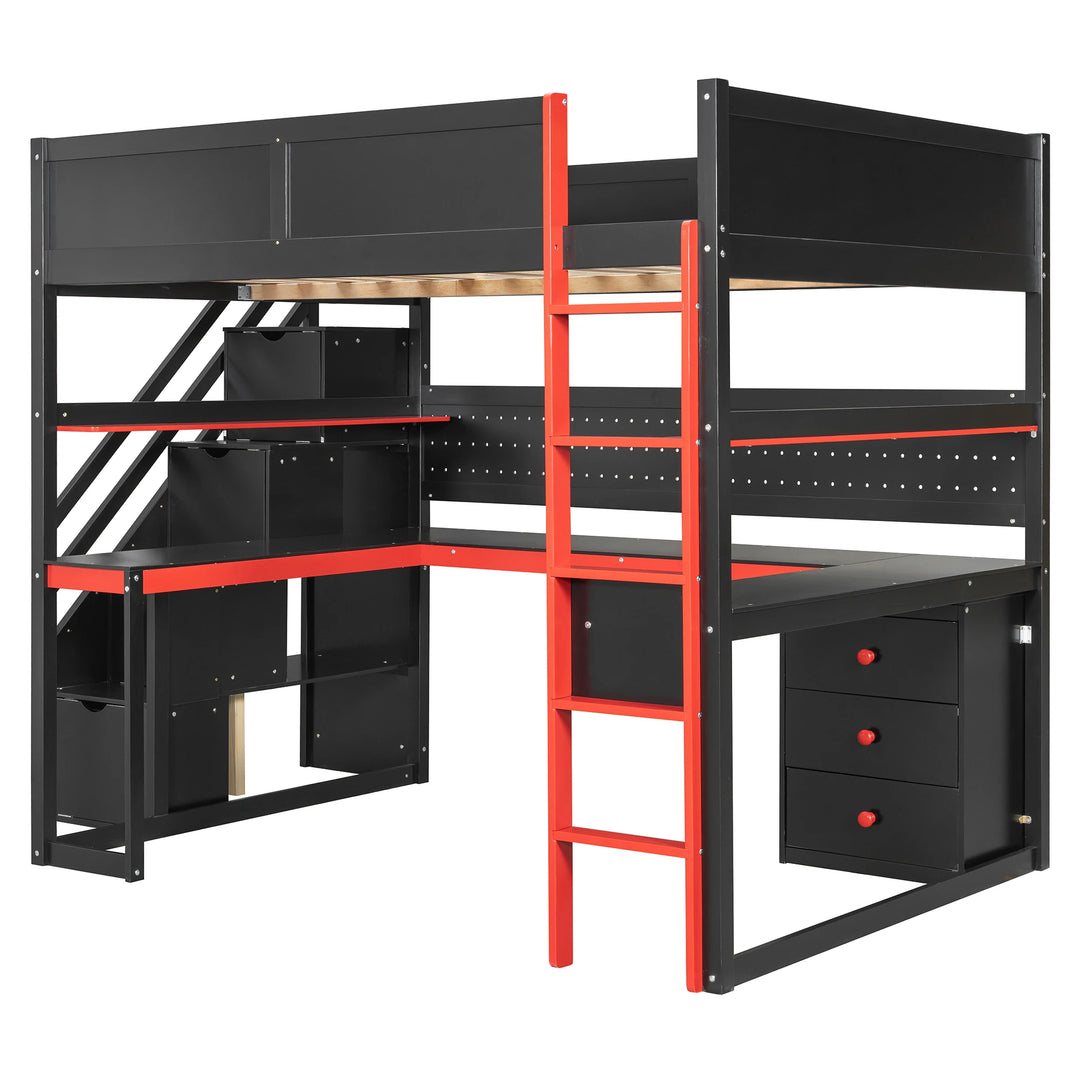 Full Size Wooden Gaming Loft Bed with Storage Stairs, Desk, Shelves and Pegboard