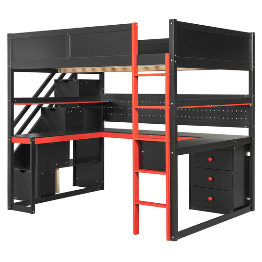 Full Size Wooden Gaming Loft Bed with Storage Stairs, Desk, Shelves and Pegboard