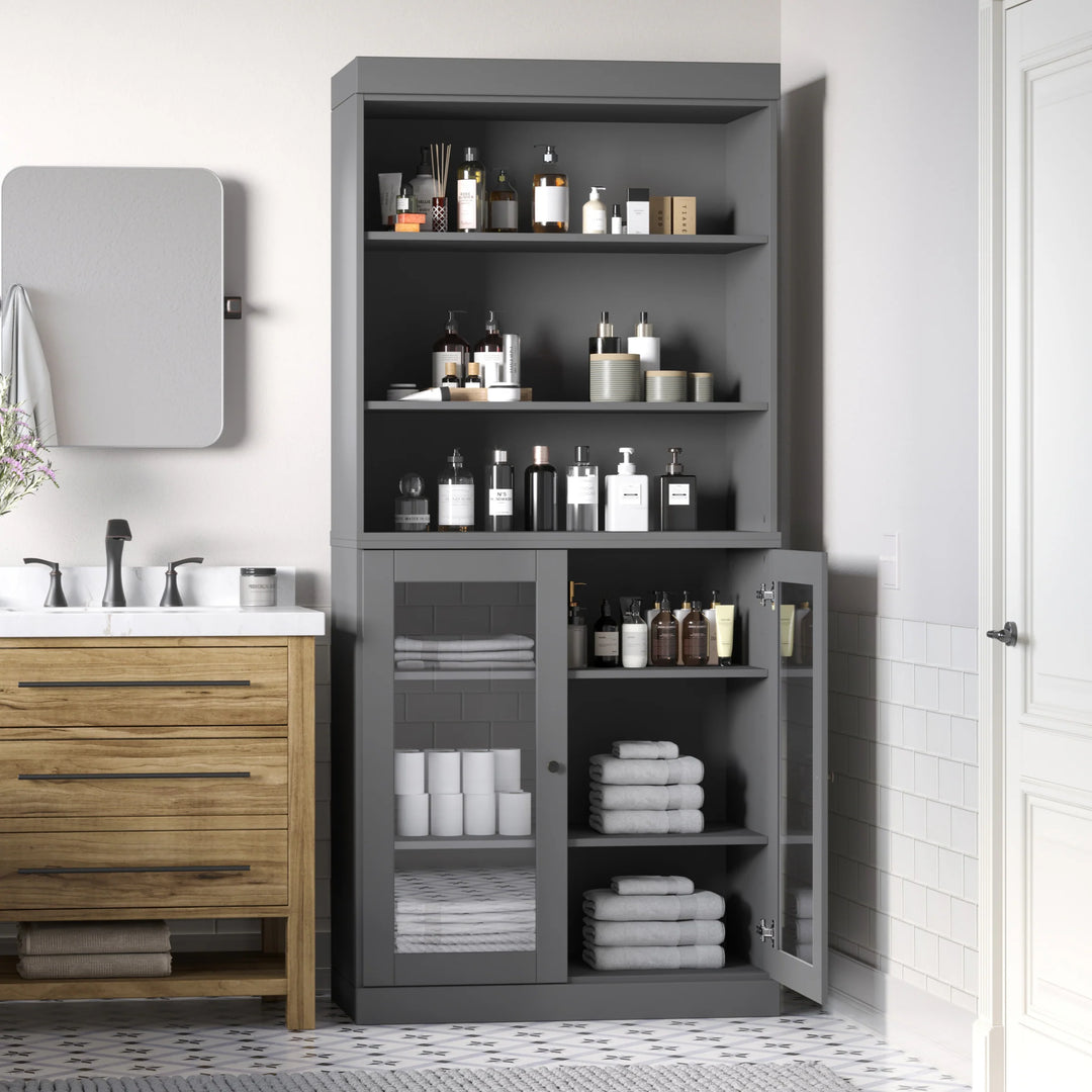 100% Solid Wood Bathroom & Laundry Storage Cabinet, Raised Panel Doors, Adjustable Shelves, 32" Wide, 71.5" Tall