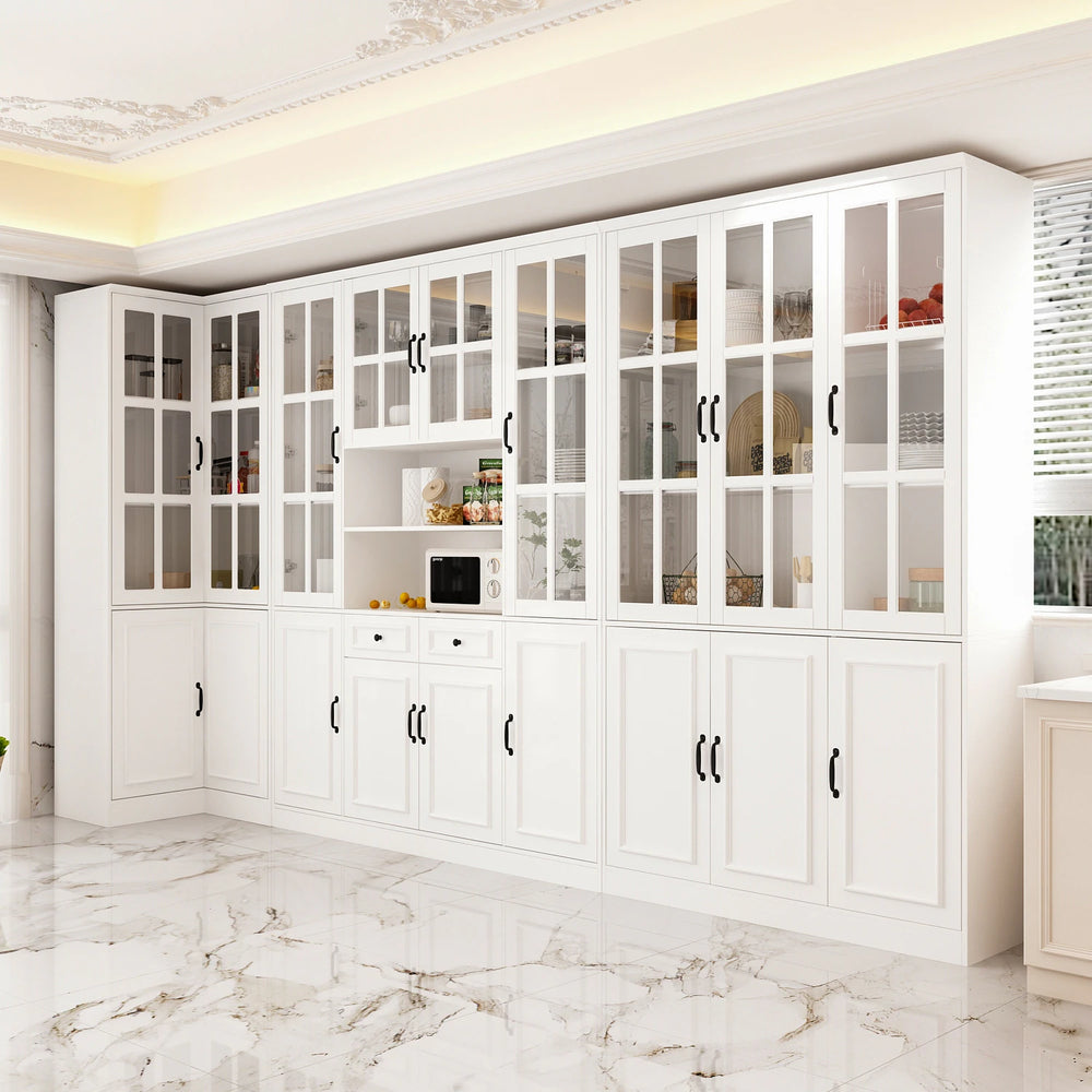 78.7"H Combo Buffet Sideboard White Curio Bookcase Cabinet Glass Door