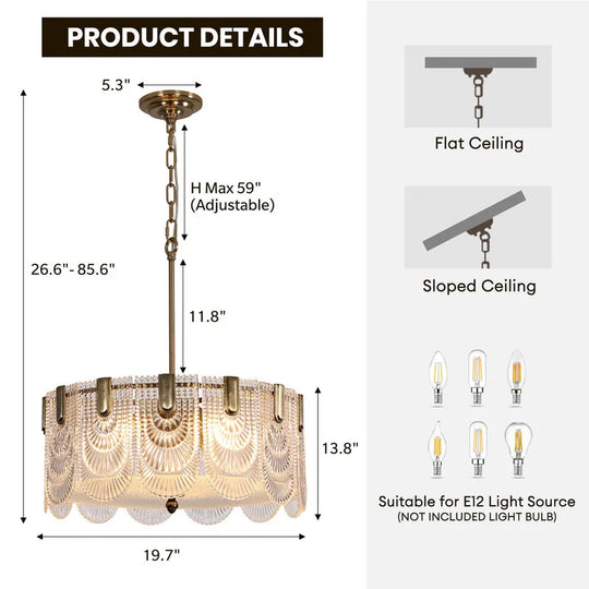 20 In. Gold Modern Glass Chandelier 5-Light Glam Dimmable Pendant Light Fixture for Dining Room