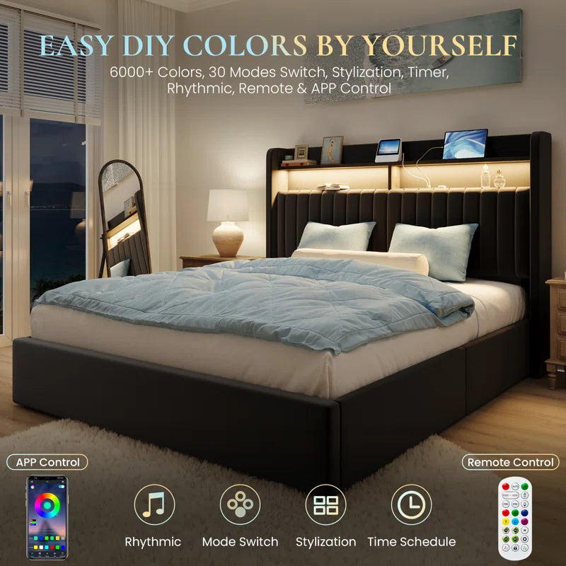 Hydraulic Lift up Storage Upholstered Platform Wingback LED Bed with 2-Tier Shelves and Charging Station