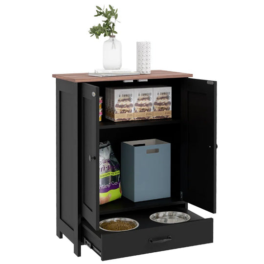 Dog Feeding Station, Dog Food Storage Cabinet with Hidden Dog Bowls, Adjustable Panel, Hooks for Medium Sized Dogs