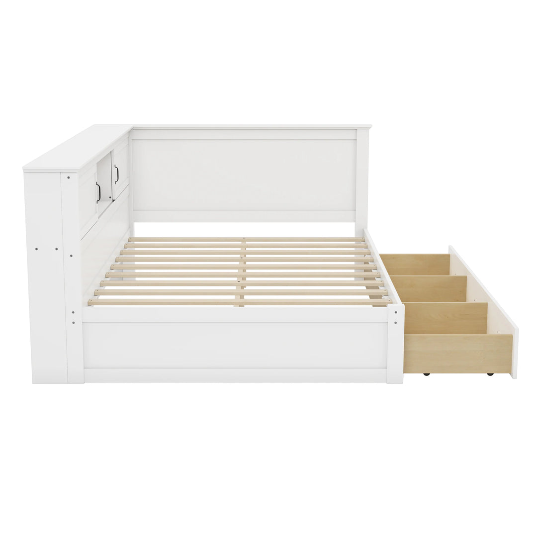 L-Shaped Corner Bed Frame with Drawer, Bookcase, LED Downlight and USB Port
