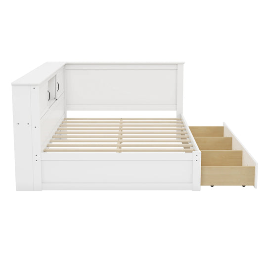 L-Shaped Corner Bed Frame with Drawer, Bookcase, LED Downlight and USB Port