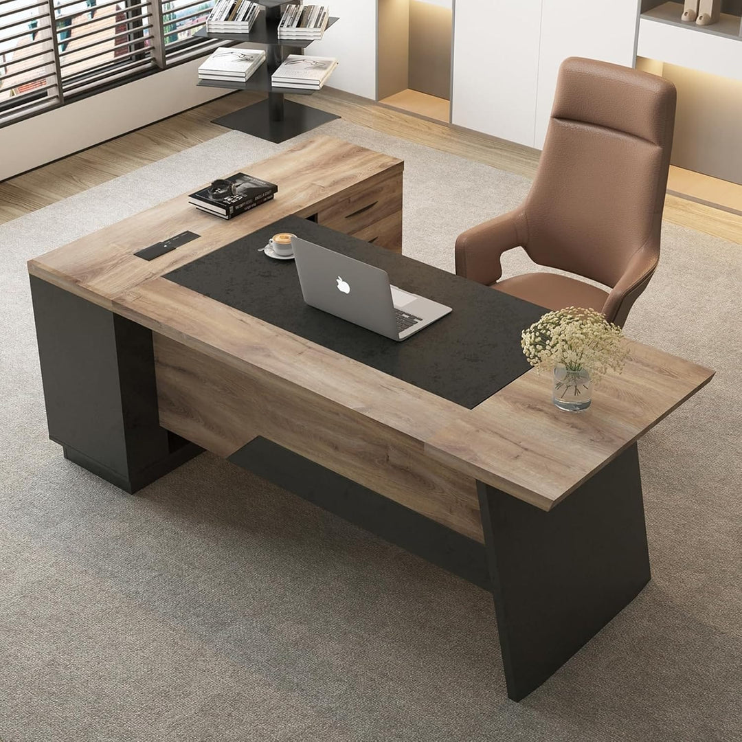78.74 Inches L-Shape Executive Desk, Industrial Wood Desk with Cabinet Drawer Storage Shelves
