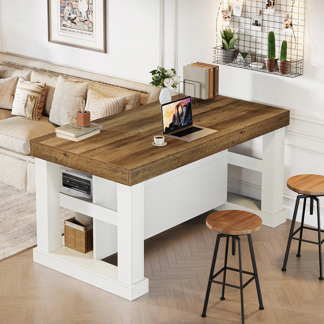 55-Inch Stationary Kitchen Island with Storage Shelves and Large Worktop, Farmhouse Style, Light Brown