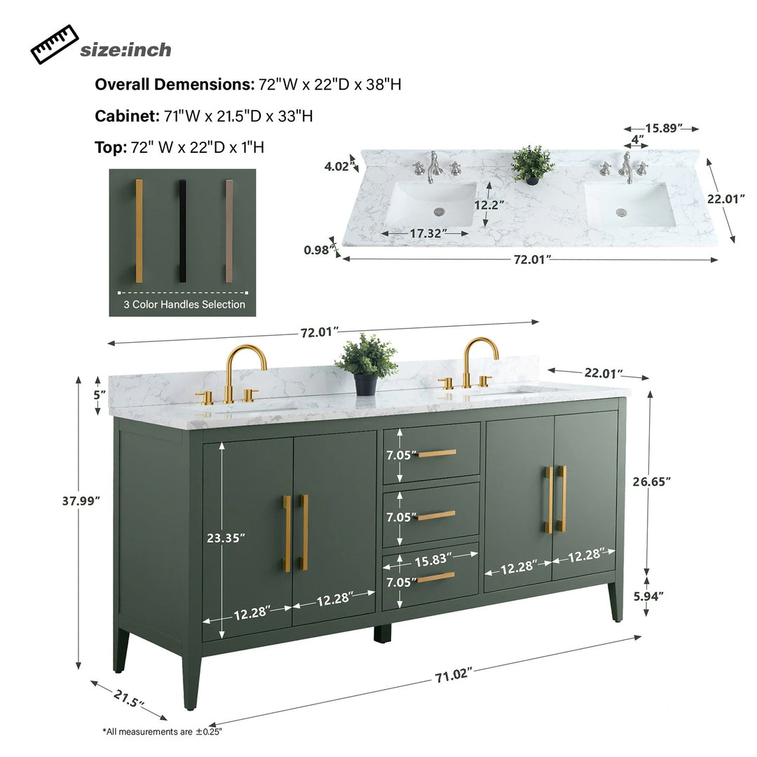 72" Double Sink Bathroom Vanity Cabinet with Engineered Marble Top