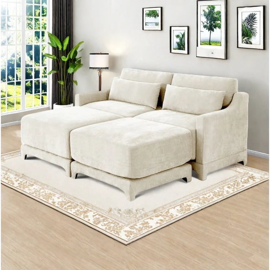 Modern Chenille 4-Seater Sofa with 2 Ottoman, Lumbar Cushions, Ergonomic Backrest, High-Resilience Spongeand Tufted Armrests