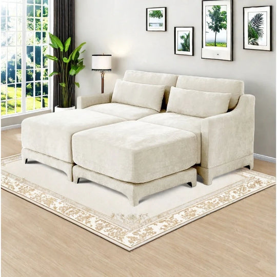 Modern Chenille 4-Seater Sofa with 2 Ottoman, Lumbar Cushions, Ergonomic Backrest, High-Resilience Spongeand Tufted Armrests