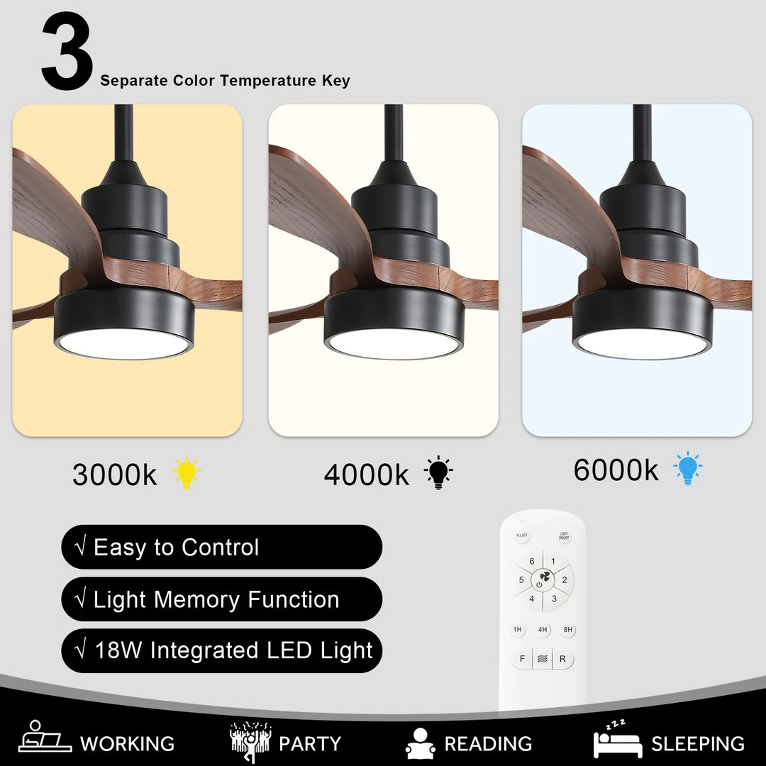 Sofucor 42"/48"/ 52"/60"Noiseless Walnut Wood Ceiling Fan with Remote Control, Integrated Light Optional