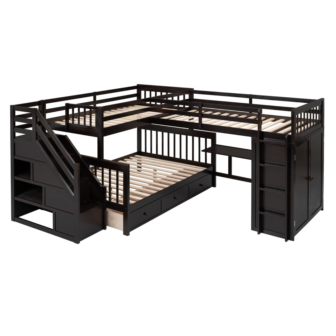 L-Shaped Bunk Bed with Three Drawers, Portable Desk and Wardrobe, Twin-Twin over Full Design