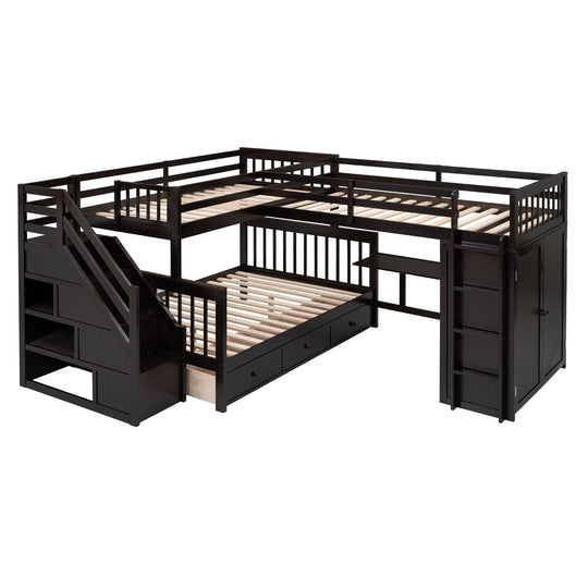 L-Shaped Bunk Bed with Three Drawers, Portable Desk and Wardrobe, Twin-Twin over Full Design