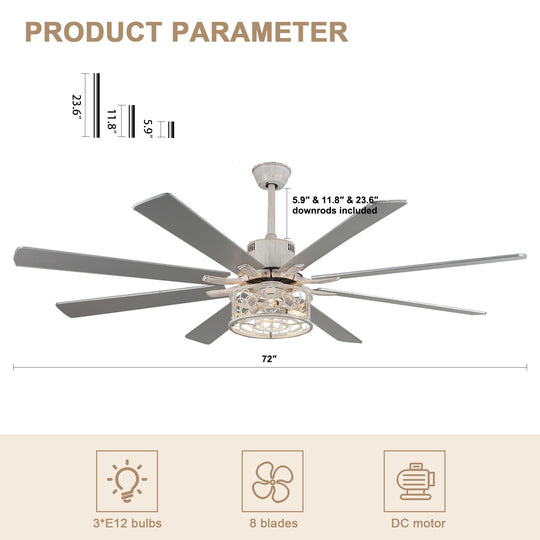 72" Rustic Large Ceiling Fan with Light and Remote 6-Speed 3-Light Farmhouse Metal Caged Black Ceiling Fan