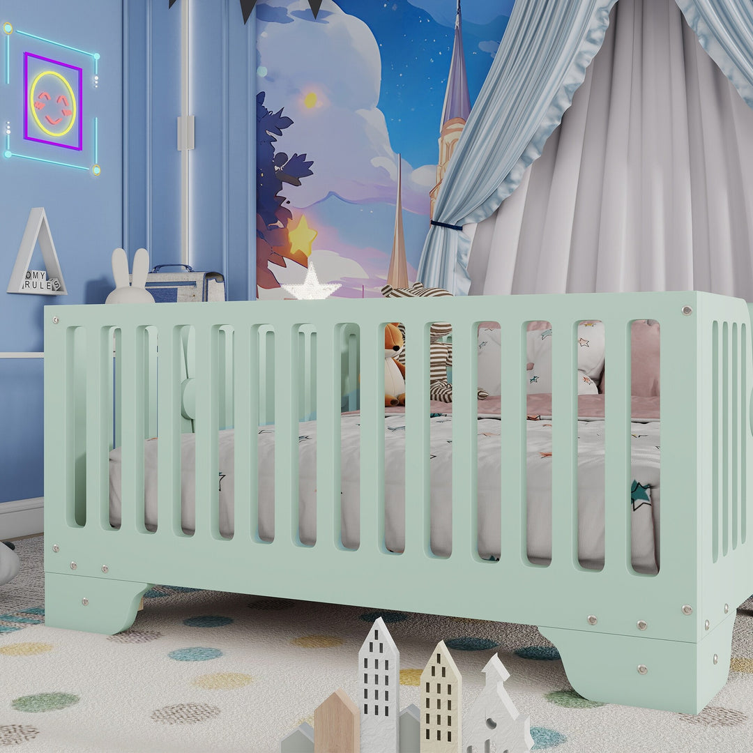 Full Size Montessori Floor Bed Frame with Safety Rails and Removable Door, Low Profile Kids Bed with Slatted Support